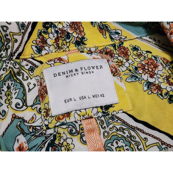 Denim & Flower Ricky Singh Mens L Button Up Shirt Yellow Floral Paisley Hawaiian - Picture 2 of 7